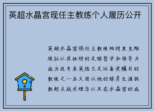 英超水晶宫现任主教练个人履历公开
